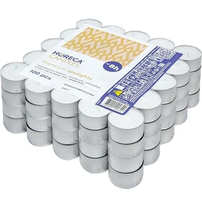 Immagine di Horeca Candles Candele Tealight Bianche Durata 8 Ore di Combustione Set da 100 Candeline Non profumate Lumini per Matrimonio, Decorazione, Gastronomia