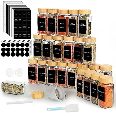 Immagine di Lannvan Barattoli Spezie 24 per con Coperchio in Bambù 120ml Contenitori Cucina Etichette Porta Setaccio, Etichette, Spazzola, Lmbuto