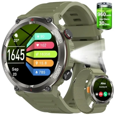 Immagine di W50Pro Smartwatch Militare Uomo 1.45&quot; con 960mAh Batteria LED Torcia e Bussola, IP68 Impermeabile, 24/7 Monitoraggio Salute (Frequenza Cardiaca/Sonno/SpO2) Compatibile Android iOS (2 Cinturini)
