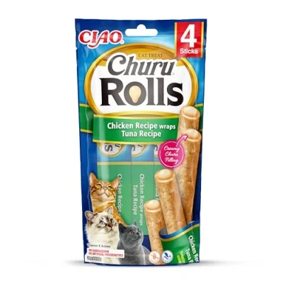Immagine di INABA Churu Rolls Bastoncini di Pollo con Cuore Tonno 1 Pack (4 Stick x 10gr) Snack per Gatti Morbido e Cremoso Cibo Senza Conservanti o Coloranti Artificiali, Grain Free