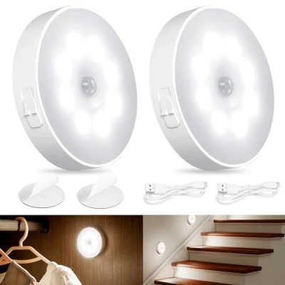 Immagine di AiQInu 2 Pezzi Luce Notturna Sensore Movimento, 3 Modalità Interna(Auto/On/Off), Adesiva Lampada Armadio Led Ricaricabile Per Scale,Corridoio,Garage,Camere
