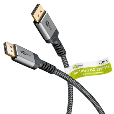 Immagine di goobay 65265 cavo Displayport 1.4 fino a 8K @ 60Hz (UHD), 4K 144Hz e 2K 240Hz, DP, ad alta velocità, display, nylon intrecciato, gaming, streaming video HD, 2m