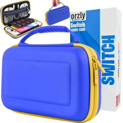 Immagine di Orzly custodia per interruttore Nintendo Switch/Switch OLED Fortnite Joycon a tema Switch con accessori e spazio schede videogiochi, protettiva da viaggio (blu/giallo)