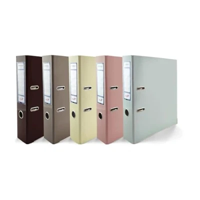 Immagine di 5 raccoglitori DIN A4 Ekobox Premium Edition in colori lucido, marrone cioccolato, vaniglia, cacao, rosa pastello, blu meccanismo a 2 anelli, formato A4, 75 mm, larghi,
