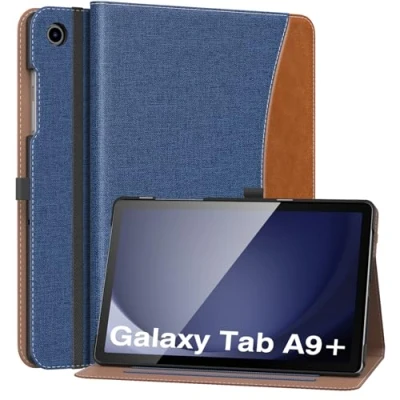 Immagine di MoKo Custodia per Samsung Galaxy Tab A9 Plus 11 Pollici 2023 SM X210/SM X216/SM X218, Multi Angolo A9+ con Cinghia a Mano Tasca Frontale Auto Sveglia/Sonno, Denim Blu Marrone