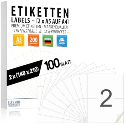 Immagine di Etichette autoadesive DIN A5 210 x 148 mm 100 fogli (200 etichette) 2 per foglio A4, superficie bianca opaca, stampabili con stampanti a getto d’inchiostro e laser, adesivi MADE IN GERMANY