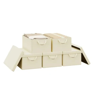 Immagine di WOLTU Scatola Portaoggetti Pieghevole, Set di 5 Ceste in Tessuto, Cubo con Coperchio e Maniglie, per Vestiti, Libri Giocattoli, Crema, 48x20x29 cm, ABB02cm