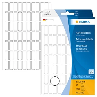 Immagine di HERMA etichette multiuso, 70 per foglio, 32 fogli, 8 x 20 mm, 2240 etichette, mini autoadesive ufficio, cucina, casa, colore bianco