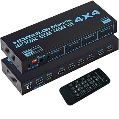 Immagine di Matrice HDMI 4K @ 60Hz Selettore 4X4, 4 in Out Matrix Switch,Splitter Video con Telecomando IR ed Estrattore Audio EDID,Conforme a HDCP 2.2