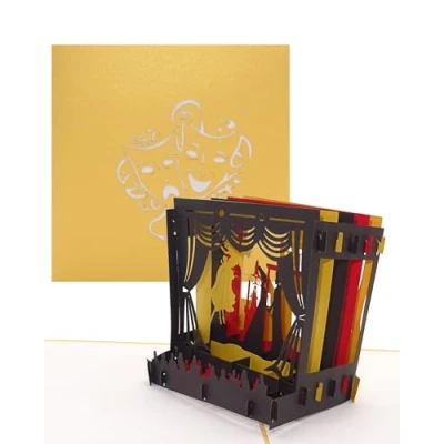 Immagine di Biglietto d&#039;auguri tridimensionale, elegante e dorato, con pop up a forma di palcoscenico teatrale
