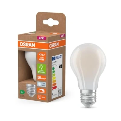 Immagine di OSRAM Energy Class nella classica forma a lampadina, 2,2 W / 470 lm, EEK A, luce bianca fredda (4000 K), CRI 80, in vetro senza piombo trasparente, attacco E27, IP20, diametro 60 mm, dimmerabile