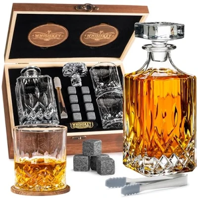 Immagine di WHISISKEY Decanter per Whisky Set Regalo Idee Uomo Compleanno Classica 700ML, Scatola Regalo, 2 Bicchieri da x 310ML, 8 Pietre di Whisky, Accessori