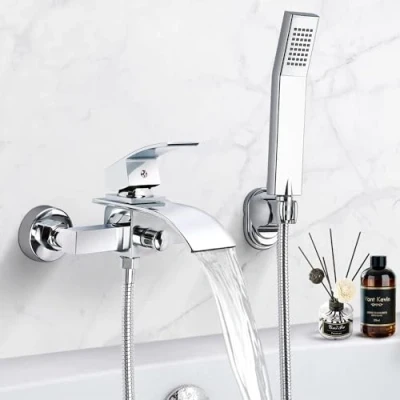 Immagine di Miscelatore Vasca Da Bagno, Rubinetto Bagno Ottone Cromo, con Doccetta, Per a Muro Cascata, Flessibile Doccia