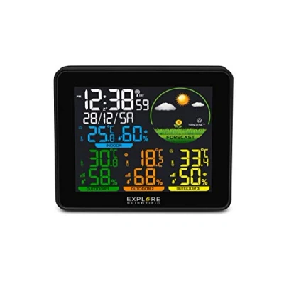 Immagine di Explore Scientific WSH4005C Stazione Meteo Radio Controllata, Barometro con Previsioni del Tempo , temperatura/umidità int/ext, 3 Sensore inclusi memorizza storico dati, nero