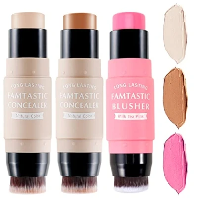 Immagine di Erinde 3 bastoncini per fondotinta con pennello, evidenziatore Bronzer, penna Face Brightens Shades Pencil, higing Shade, Highlight Shaping Stick, Impermeable, Maquillaje de larga duración