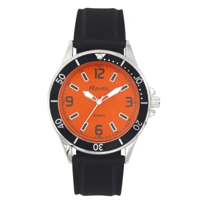 Immagine di Ravel Orologio Sportivo da Uomo con Cinturino in Silicone e Ghiera Nera su Cassa Color Argento Analogico al Quarzo RS002.08 Nero/Quadrante Arancione