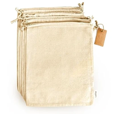 Immagine di Sacchetti Riutilizzabili in Cotone con Coulisse X Large 36x43 cm 6 Pz Multiuso Tela Per Pane, Alimenti Sfusi, Patate, Cipolle e Scarpe