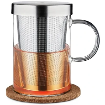 Immagine di Cosumy Tazza per Tisana Con Infusore e Coperchio da Tè in Vetro Borosilicato Sottobicchiere Sughero Grande 400ml