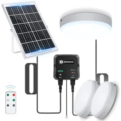 Immagine di Aigostar Plafoniera LED Solare Esterno Interni con Telecomando, Scatola di accumulo energia, 70W, IP65 Impermeabile, Regolabile 6500K, Cavo 8M, Interruttore a Cordino, 2 pcs