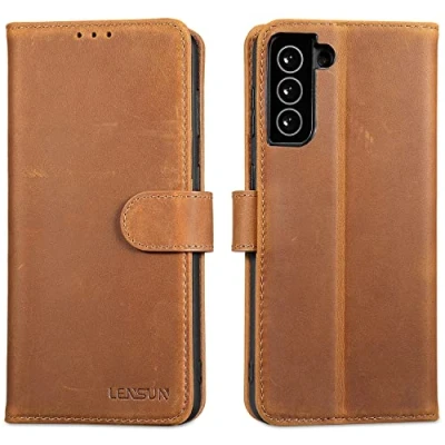 Immagine di Lensun Cover per Samsung Galaxy S21 Plus, Custodia in Vera Pelle [RFID Blocking] Libro con Portafoglio Chiusura Magnetico Flip Custodie Cuoio Plus/S21+ 5G Marrone retrò