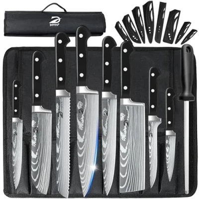 Immagine di Dfito set di coltelli con custodia arrotolabile, 8 professionali custodia, in acciaio inox ad alto carbonio, da cucina estremamente affilati e