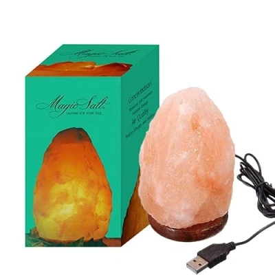 Immagine di LAMARE Lampada sale dell&#039;Himalaya USB Rosa da scrivania con base in legno e LED multicolore