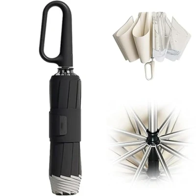 Immagine di Vimlo ombrello con fibbia ad anello, striscia di sicurezza riflettente, robusto antivento, portatile da viaggio, automatico inverso, viaggio pieghevole compatto (Color : Black)