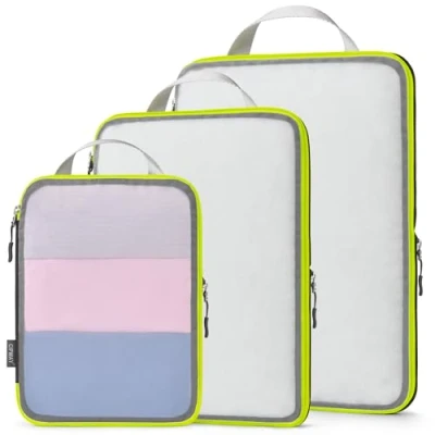 Immagine di Cipway Organizer Valigia,Cubi da Imballaggio a Compressione, Design Rete, Salvaspazio Borse Viaggio Set Sacchi Sottovuoto Vestiti per Zaini o Bagagli Mano (Nero, 3 Pezzi)