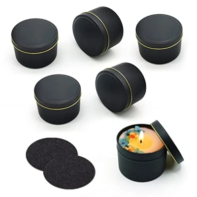 Immagine di PFLYPF 6 barattoli di candela, 2 sottobicchieri in feltro, 120 ml, contenitori vuoti per candele rotondi, accessori fai da te, piccoli gioielli, ecc. (nero)