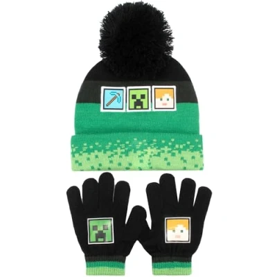 Immagine di Minecraft Set Cappello e guanti per bambini in lana nera Design Pixel Taglia unica 6 12 anni Merchandise ufficiale, Verde,