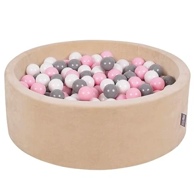 Immagine di KiddyMoon Velluto Piscina Di Palline 90X30cm/200 ∅ 7CM Per Bambini Tondo Fabbricato In EU, Beige Sabbia: Bianco/Grigio/Rosa Chiaro