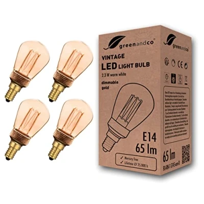 Immagine di greenandco 4x lampadina a LED dimmerabile di design vintage in stile retrò E14 ST45 2,3W 65lm 1800K 320 230V, ambra, nessun sfarfallio