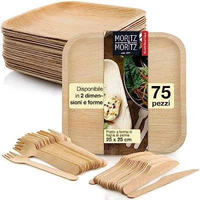 Immagine di Moritz &amp; stoviglie piatti foglia di palma set 75 pezzi 25 monouso posate bio in legno biodegradabili