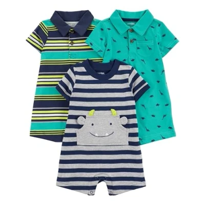 Immagine di Simple Joys by Carter&#039;s 3 Pack Infant And Toddler Rompers, Blu Marino Righe/Giallo Righe/Verde Dinosauri, 0 Mesi (Pacco da 3) Bimbo