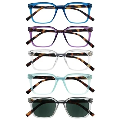 Immagine di OPULIZE KOI Set di 5 Occhiali da Lettura con Lente Sole Rettangolare Nero Viola Trasparente Aqua Unisex Cerniere a Molla RRRRS50 35CQC +3.00