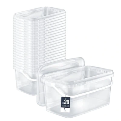 Immagine di BenBow Secchio rettangolare con coperchio 20x 5l trasparente adatto al contatto alimenti, contenitore di plastica impilabile manico vuoto