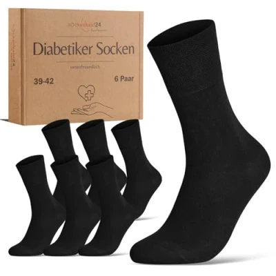 Immagine di calzini per diabetici senza elastico in vita e cuciture, 97% cotone (6 paia), con fascia confortevole uomo donna, Nero , 43 46