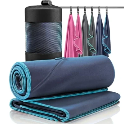 Immagine di Set da 2 asciugamani in microfibra blu + astuccio per il trasporto grande bagno e piccolo asciugarsi Con zip cellulare portatili, versatili, assorbenti sport, camping, spiaggia