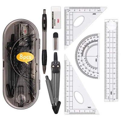 Immagine di 8 pz Set con Compasso,Kit Scuola Elementare Geometria Bussola,Disegno Bussola,Goniometro,Righelli,Ricariche Piombo Matita,Matita,Gomma,Compasso Cofanetto per Studenti e Insegnanti