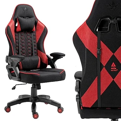 Immagine di KRAKEN CHAIRS Sedia Gaming Tessuto, da Gioco, regolabile in altezza, Ergonomica, Bracciolo 2D, Poggiatesta regolabile, Cuscino lombare, Nero Rosso