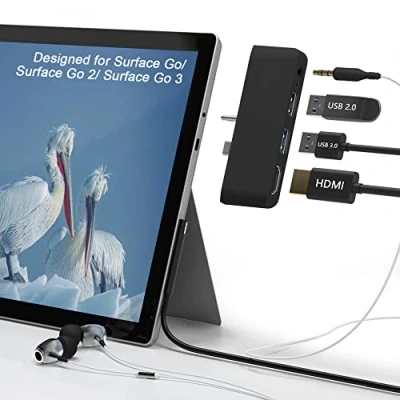 Immagine di Surface Go 4 Docking station USB Hub per Microsoft 3/Go 2/Go, Rytaki Pro in 2 con supporto HDMI 4K@30 Hz, porta 3.0 e 2.0, adattatore combinato jack audio/cuffie da 3,5 mm