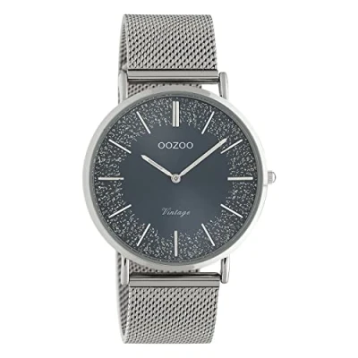 Immagine di Oozoo Orologio da donna vintage piatto con cinturino in metallo milanese acciaio inox glitter line elementi nel quadrante 40 mm, C20134 Blu/Argento, groß, Bracciale