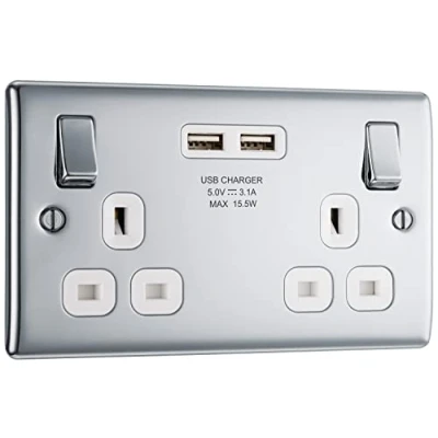 Immagine di BG Electrical npc22u3w Presa di corrente a ricarica rapida doppia commutazione con due porte USB (3,1 A), 13 A, inserto cromato lucido bianco, 16,3 cm*18,0 cm*3,1 cm
