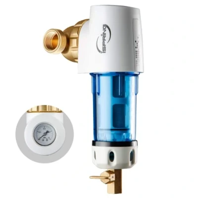 Immagine di iSpring WSP50GR E Filtro per l&#039;acqua a Sedimenti Spin on Riutilizzabile, 50 Micron con Raschietto Incorporato, Testa Girevole 360, Manometro, Blu