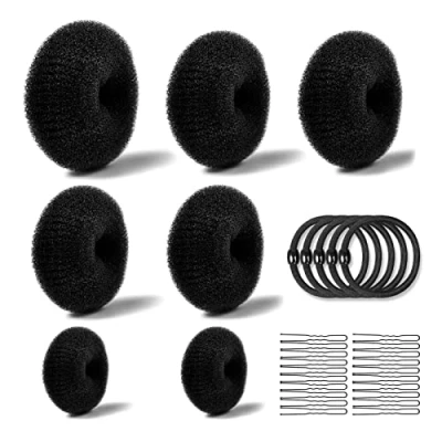 Immagine di Realizzare Chignon Set,7 pezzi a Ciambella(4 Dimensioni),10 Elastici per Capelli,20 Clip Forma di U,Magic Hair Bun Maker,per Bambine e Donne(Black)