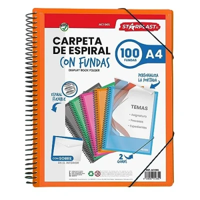 Immagine di Starplast Cartella buste Spirale Flessibile 100 trasparenti, A4, chiusura elastica, copertina in polipropilene, personalizzabile, per uso scolastico e ufficio colore Arancione