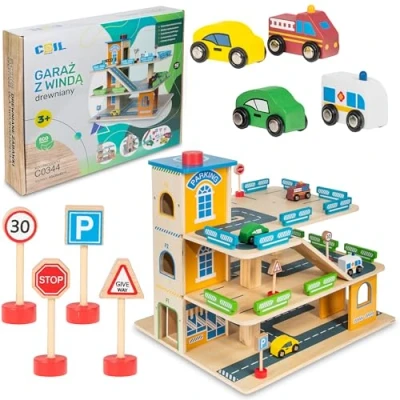Immagine di COIL Garage di Parcheggio Macchine in Legno Giochi per Bambini Ascensore con Accessori