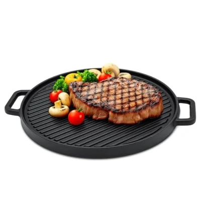 Immagine di Spetebo Piastra in ghisa 30 cm, padella rotonda con manico, bistecchiera per barbecue, arrostire e servire il cibo, adatta fornelli a induzione