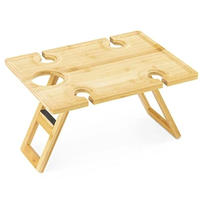 Immagine di Navaris Tavolino Pieghevole da Esterno in bambù con Portabicchieri e Portabottiglie Tavolo per PIC Nic Barbecue Letto