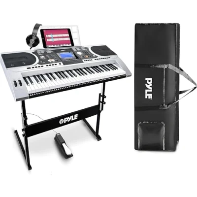 Immagine di Pyle 61 Tasti 2 in 1 Play and Sing Along Tastiera Elettronica Portatile con Pedale di Sostenuto, Cuffie, Borsa Impermeabile, Sgabello e Supporto per